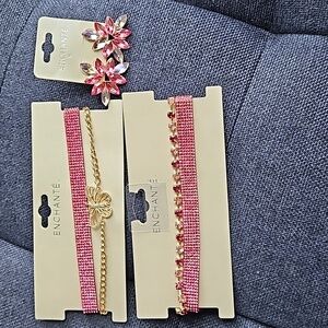 Enchante 2 Pink Gold Necklaces 1 Pair Floral Tear Drop Petal Earrings Rhinestone